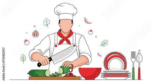 Culinary Illustration Featuring Chef Slicing Fresh Vegetables for Delicious Food Prep