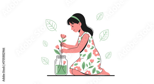 Young Girl Adoring Petals Arranging Flowers In A Glass Jar, Loving Illustration