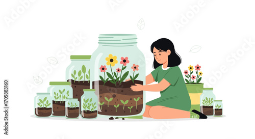 Cultivating Greenery: A Woman Nurturing Plants in Decorative Glass Terrariums