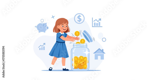 Young Girl Saving Money Into Jar While Planning For Future Investments And Growth
