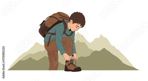 Young Hiker Resting, Tying Boots Before Beginning A Mountain Adventure Pursuit