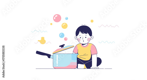 Curious Child Observing Bubbles Escaping From A Cooking Pot At A Playtime Session
