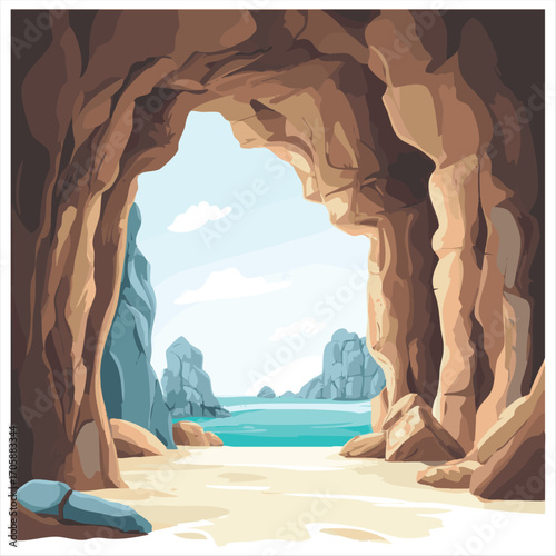 Cave opening to a beach scene.  A vista of a tranquil coastal landscape, framed by a cave entrance.  Soft, natural light filters through the rocky opening, illuminating the serene beach and sea beyond