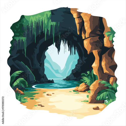 Tropical cave opening on a beach. Lush landscape beyond