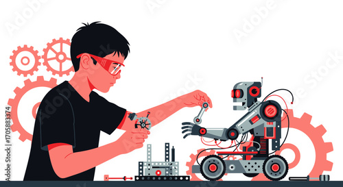 Young Inventor Assembling a Futuristic Robot with Engineering Design and Technology