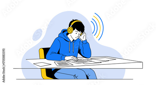 Young Individual With Headphones Concentrating On Documents While Listening to Audio