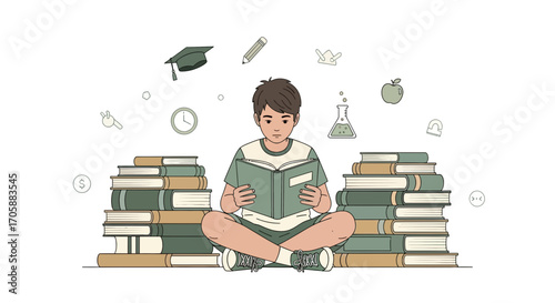 Young Learner Engrossed in Scholarly Pursuit Surrounded by Literary Stacks