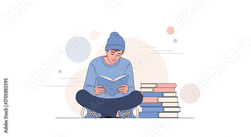 Young Male Reading a Book While Sitting Near a Stack of Novels in Illustration
