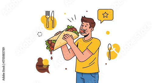 Young Man Consuming a Delicious Wrap, Culinary Delight, Foodie Illustration