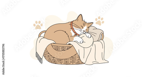 Cute Cartoon Cat Napping Comfortably in Wicker Basket with a Cozy Blanket
