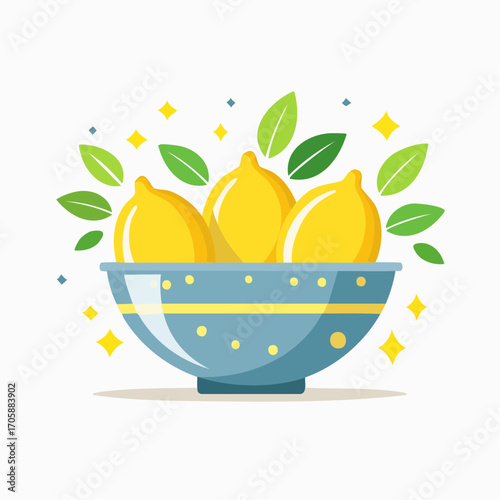 Three Lemons in Blue Bowl with Green Leaves on White Background