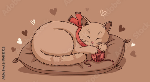 Cute Cat Snuggled On Pillow Playing With Yarn And Hearts Illustration