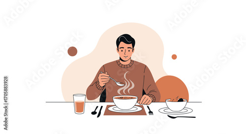 Young Man Enjoying Warm Soup at Table During Mealtime in Stylish Illustration