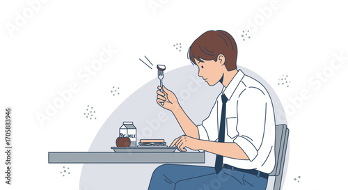 Young Man Enjoying Meal Conceptually Depicted in Illustration, Isolated on White Background