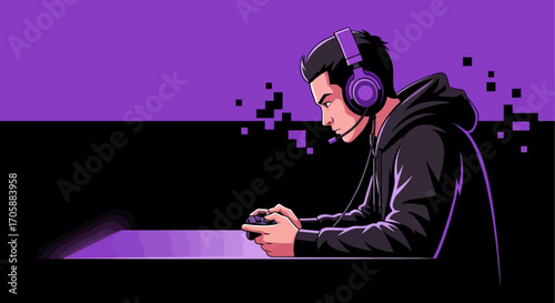 Young Man Gaming Passionately With Headset And Controller Vector Illustration