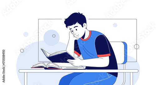 Young Man Immersed In Reading At Desk, A Symbol Of Knowledge And Education