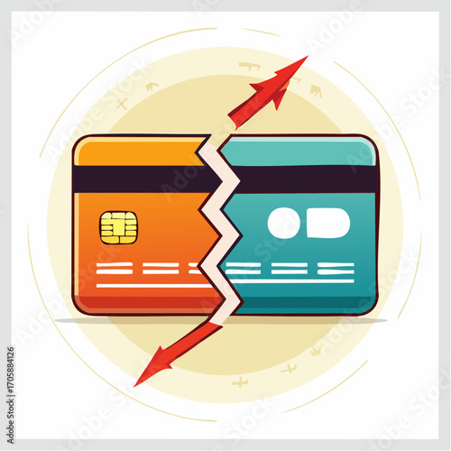 Broken Credit Card With Red Arrow On Cream Background