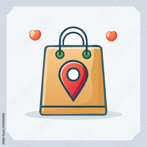 Brown Shopping Bag With Red Location Pin and Two Hearts