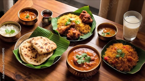 Traditional Indian Thali Meal with Chicken Biryani, Assorted Curries, and Naan Bread on a Rustic Wooden Table