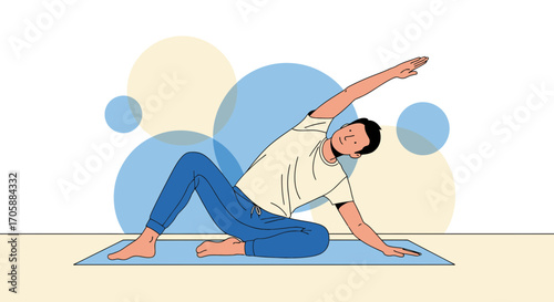 Young Man Performing Yoga Exercises in a Serene and Relaxing Illustrated Style
