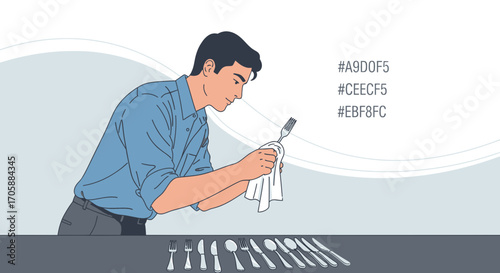 Young Man Polishing Cutlery with Enthusiasm and Care for Perfect Table Setting
