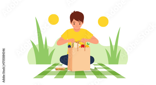Young Man Prepares a Picnic, Enjoying Sunshine and a Relaxing Day Outdoors