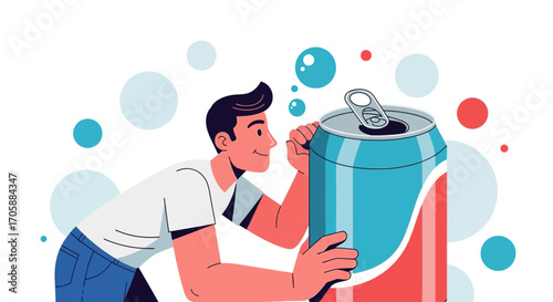 Young Man Preparing Drink Can, Illustrative Design on Clear White Background