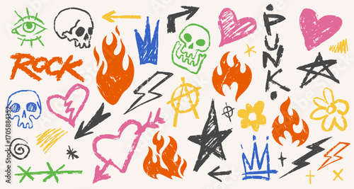 Punk rock art with flames and symbols