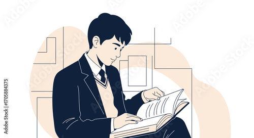 Young Man Reading a Book With a Focused Expression and Calm Demeanor