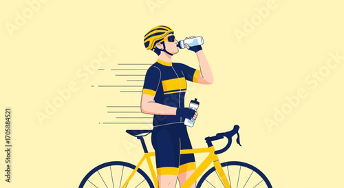 Cyclist Hydrating After Intense Ride Depicted Stylized Artwork Against Uniform Background