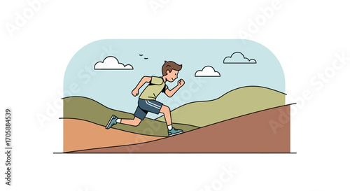 Young Man Sprinting Uphill In A Rural Landscape, Practicing Outdoor Exercise
