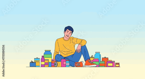 Young Man Surrounded By Conserved Provisions and Preserved Foodstuffs Illustration