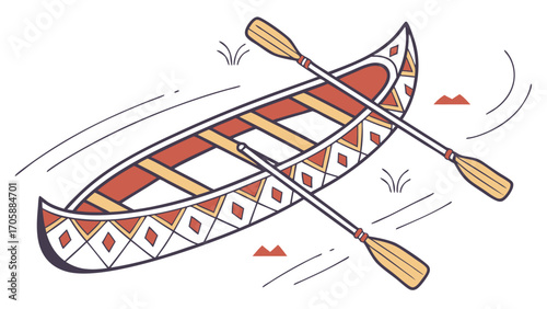Canoe adventure on the water with paddles and decorative design, perfect for outdoor travel