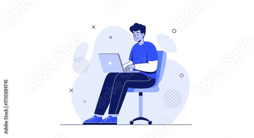 Young Man Working With Laptop Computer While Sitting On A Chair Modern Flat Illustration