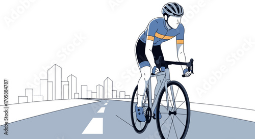 Cyclist Progressing On Road Towards City, Depicting Fitness, Lifestyle, and Urban Activity