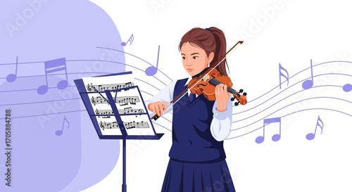 Young Musician Playing Violin With Musical Notes and Sheet Music in Vibrant Illustration