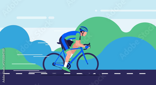 Cyclist Pushing Ahead During Tour De Force on Paved Route with Mountainous Backdrop