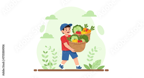 Young Person Carrying Freshly Harvested Basket Loaded With Colorful Vegetables Outdoors