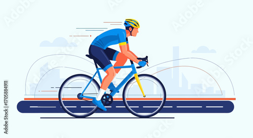 Cyclist Racing On Road, Athlete Cycling, Vibrant Illustration Against A Clean Background