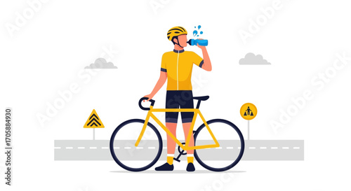 Cyclist Refreshes During Ride, Graphic Representation, Vector Illustration, Modern Design