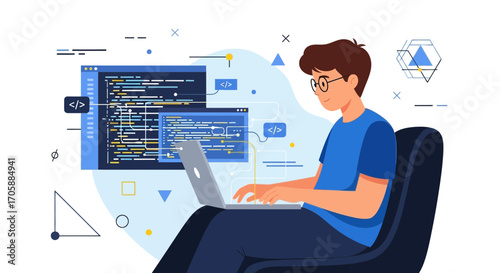 Young Person Concentrating On Coding And Programming On A Laptop In Modern Style