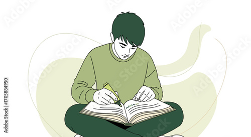 Young Person Concentrating On Reading And Highlighting The Written Page