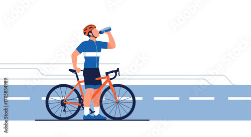 Cyclist Refreshes With Water Bottle Beside Bicycle On A Road For Recreation And Exercise