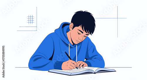 Young Person Deeply Focused On Written Word in Vibrant Blue Hoodie And Book