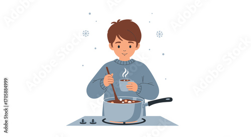 Young Person Cooking Warm Drink During Winter In A Minimalist And Cozy Style