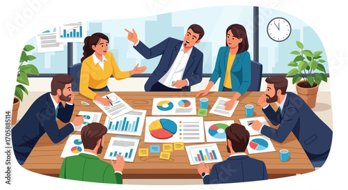 Dynamic cartoon of a tense business meeting with colleagues arguing over data reports
