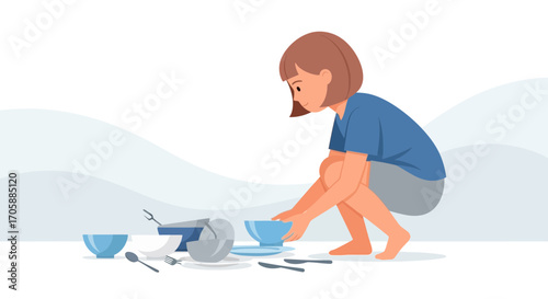 Young Person Engaging In Washing Up Of Crockery And Utensils In Domestic Setting