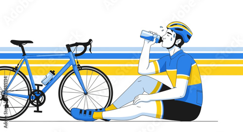 Cyclist Resting After Intense Ride, Staying Hydrated Near His Road Bike, Refreshing Drink