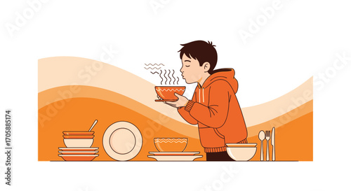 Young Person Enjoying Aroma From Warm Soup, Surrounded By Tableware