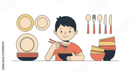 Young Person Enjoying Meal With Chopsticks Beside Utensils, Plates, and Bowls